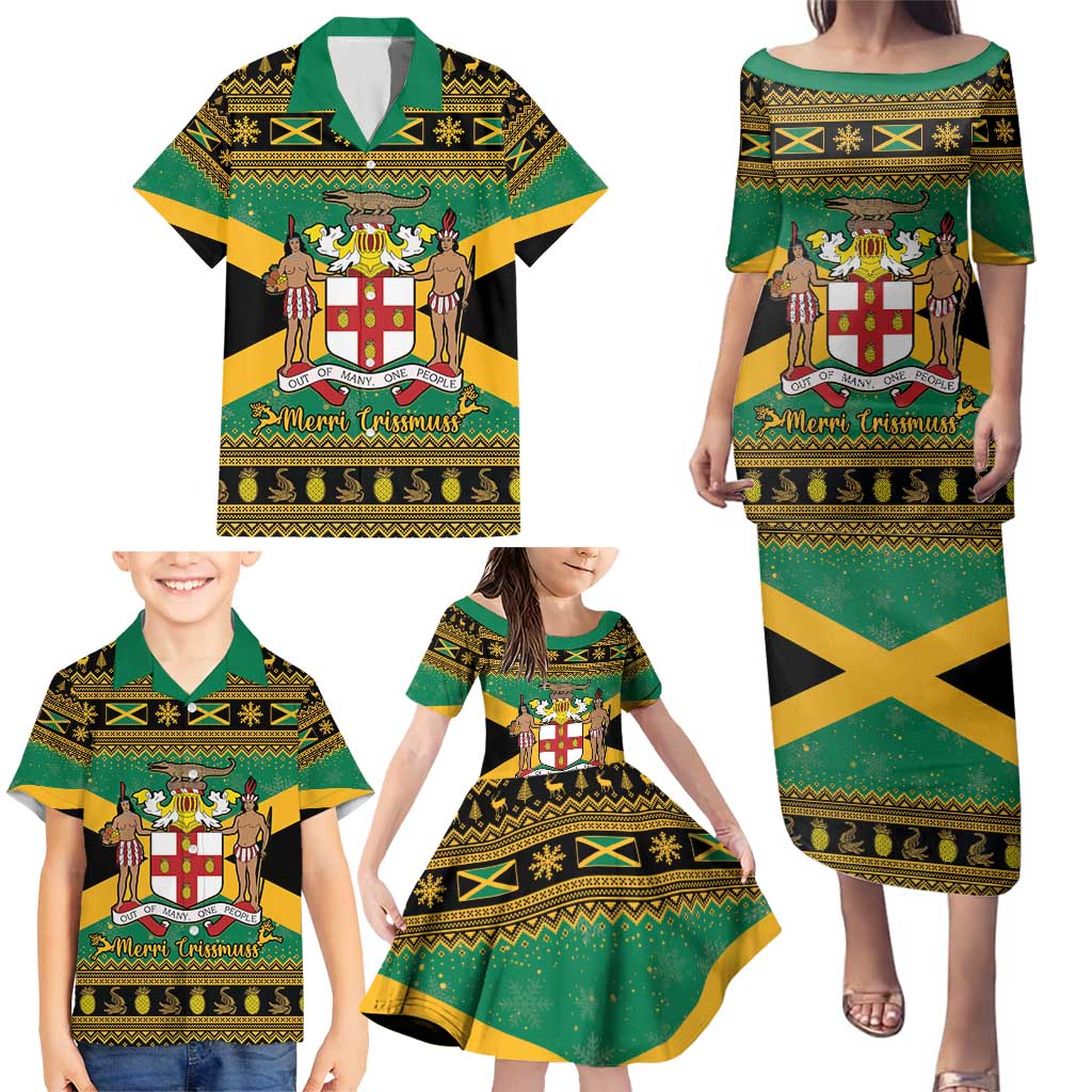 Jamaica Christmas Family Matching Puletasi and Hawaiian Shirt Coat Of Arms Merri Crissmuss - Wonder Print Shop