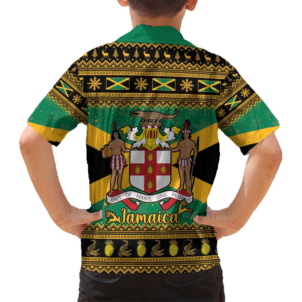 Jamaica Christmas Family Matching Short Sleeve Bodycon Dress and Hawaiian Shirt Coat Of Arms Merri Crissmuss - Wonder Print Shop