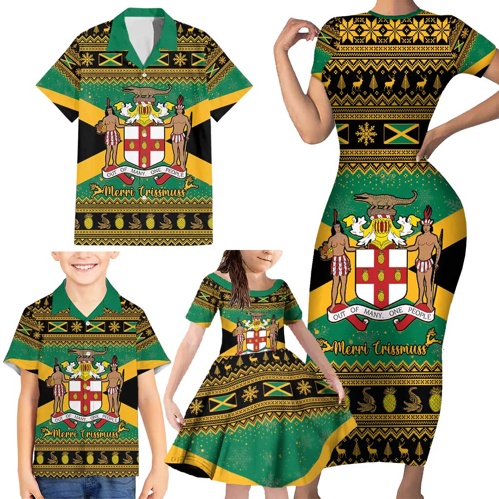 Jamaica Christmas Family Matching Short Sleeve Bodycon Dress and Hawaiian Shirt Coat Of Arms Merri Crissmuss - Wonder Print Shop