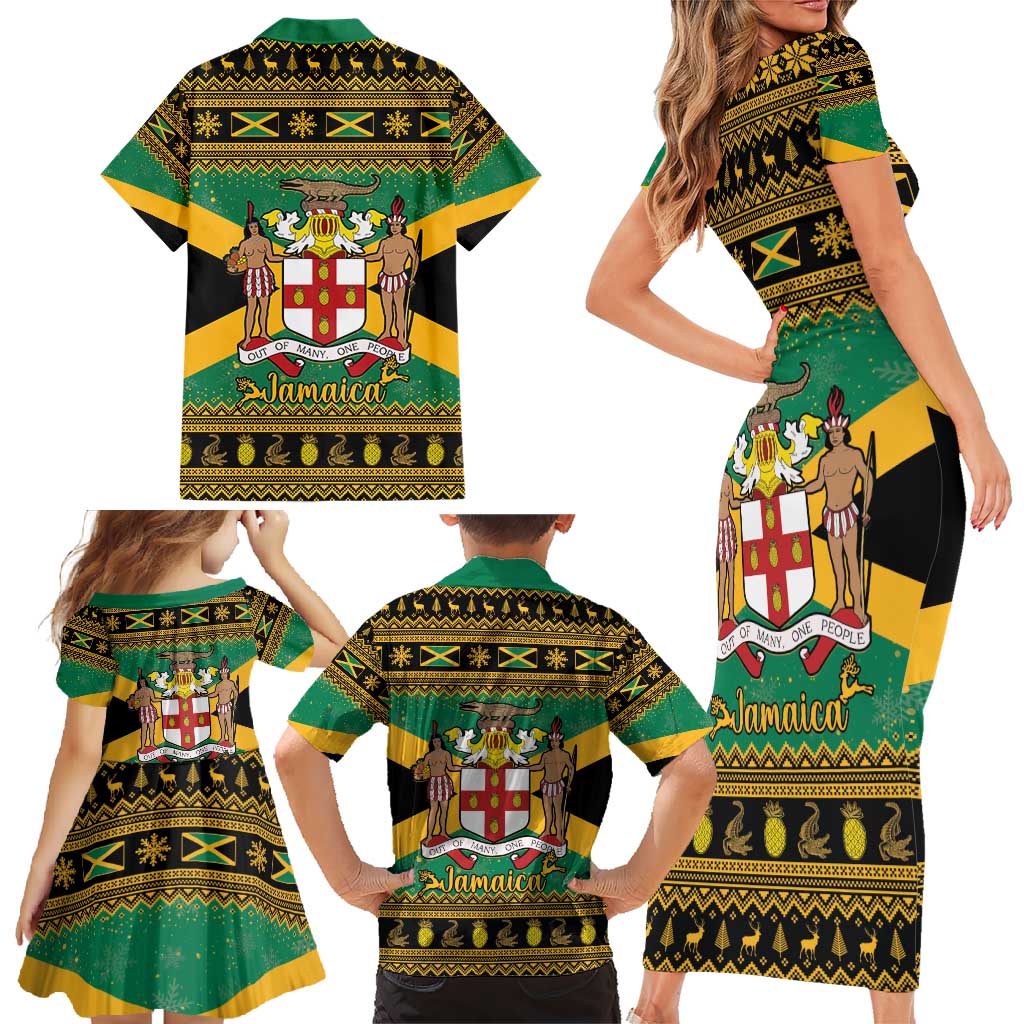 Jamaica Christmas Family Matching Short Sleeve Bodycon Dress and Hawaiian Shirt Coat Of Arms Merri Crissmuss - Wonder Print Shop