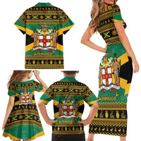 Jamaica Christmas Family Matching Short Sleeve Bodycon Dress and Hawaiian Shirt Coat Of Arms Merri Crissmuss - Wonder Print Shop