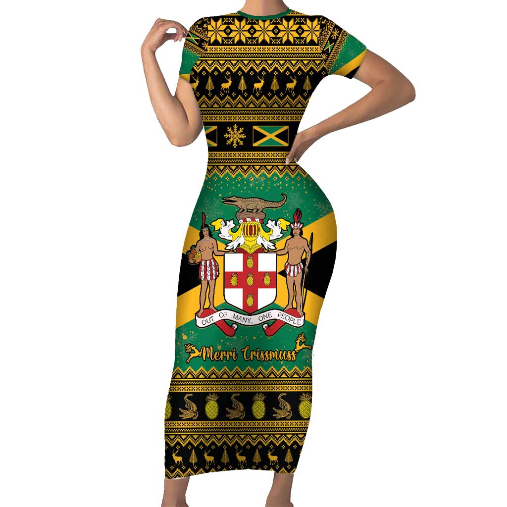 Jamaica Christmas Family Matching Short Sleeve Bodycon Dress and Hawaiian Shirt Coat Of Arms Merri Crissmuss - Wonder Print Shop