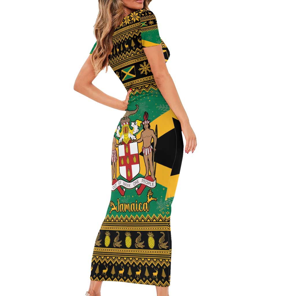 Jamaica Christmas Family Matching Short Sleeve Bodycon Dress and Hawaiian Shirt Coat Of Arms Merri Crissmuss - Wonder Print Shop