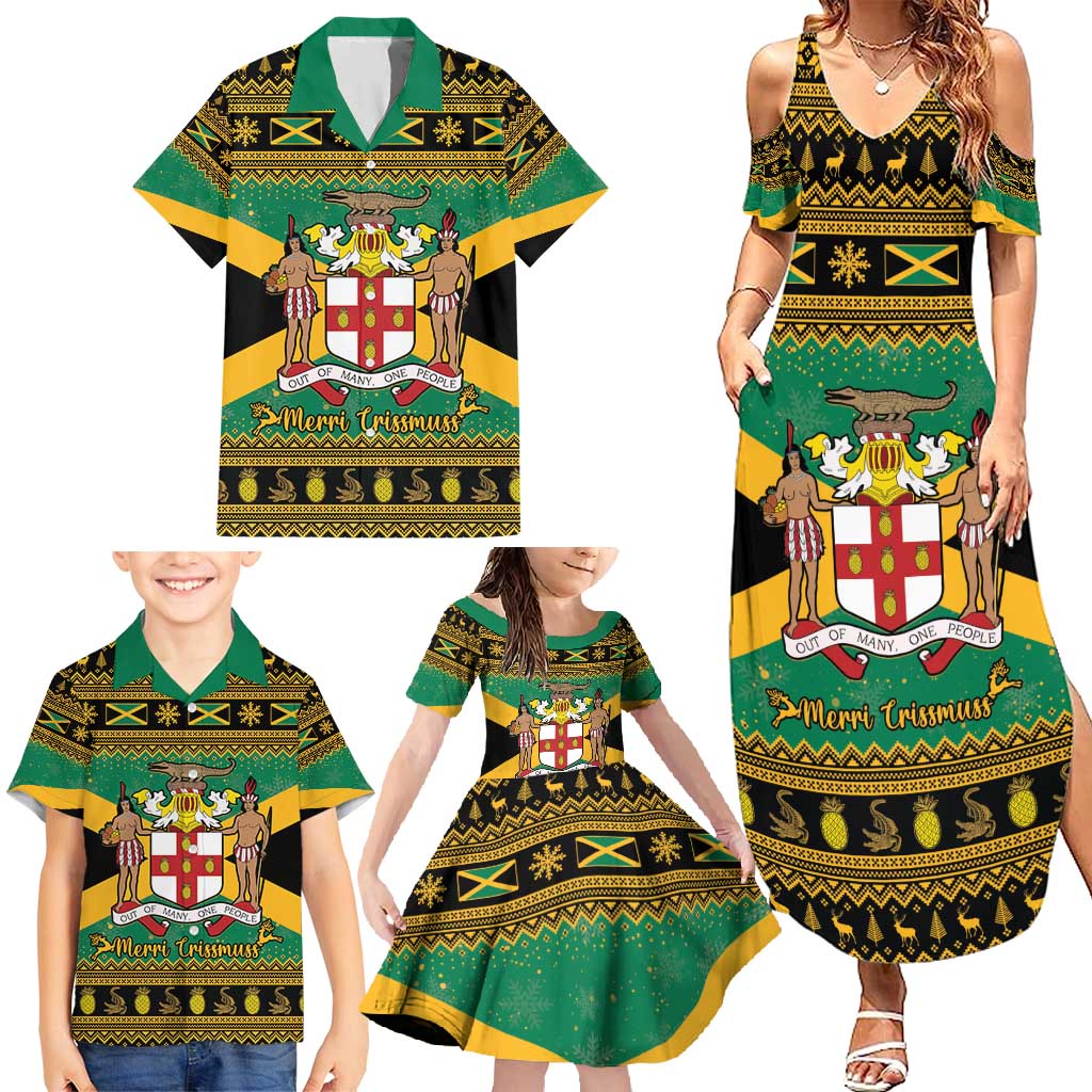 Jamaica Christmas Family Matching Summer Maxi Dress and Hawaiian Shirt Coat Of Arms Merri Crissmuss - Wonder Print Shop