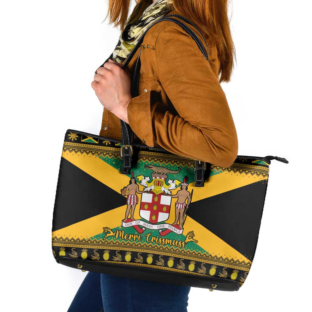 Jamaica Christmas Leather Tote Bag Coat Of Arms Merri Crissmuss - Wonder Print Shop