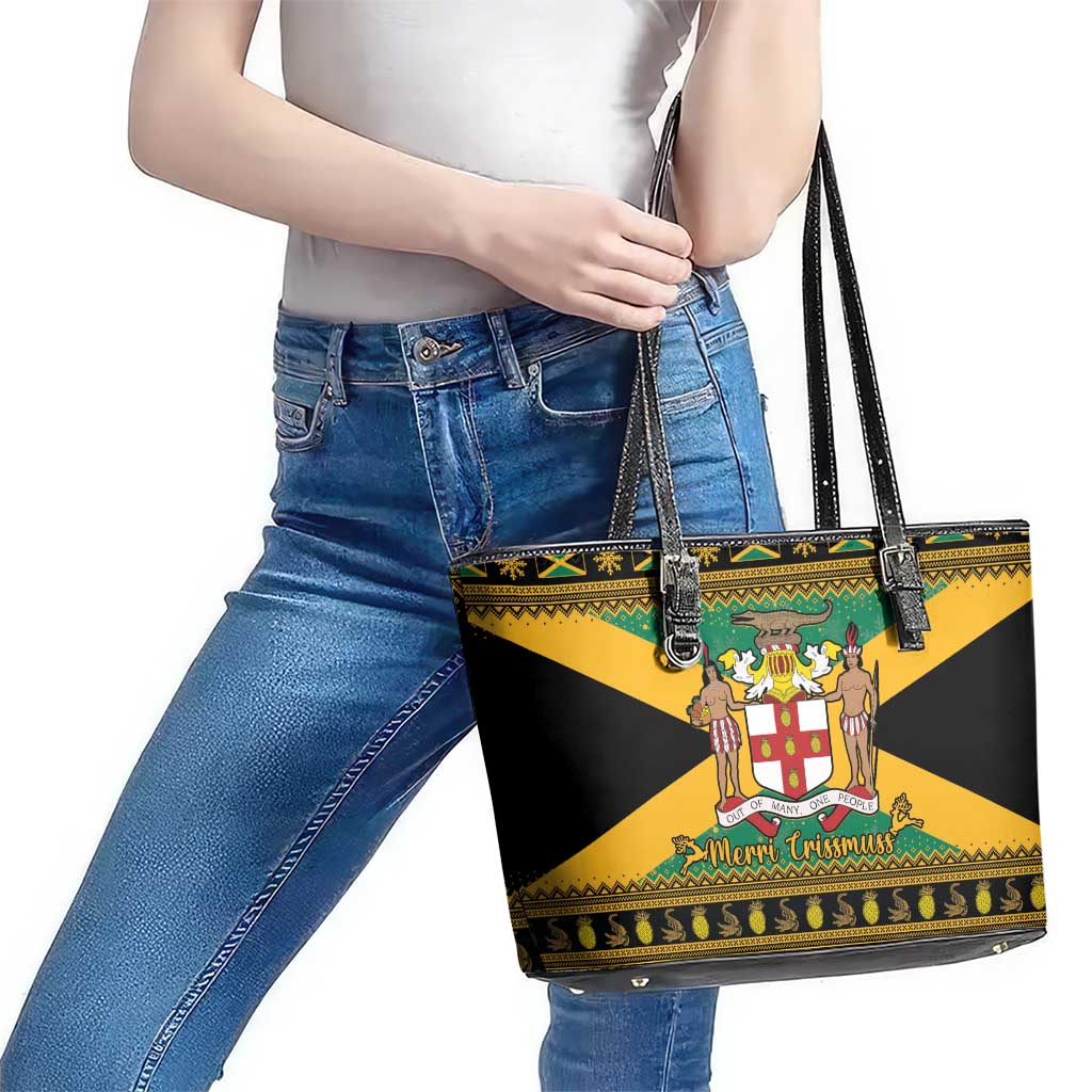 Jamaica Christmas Leather Tote Bag Coat Of Arms Merri Crissmuss - Wonder Print Shop