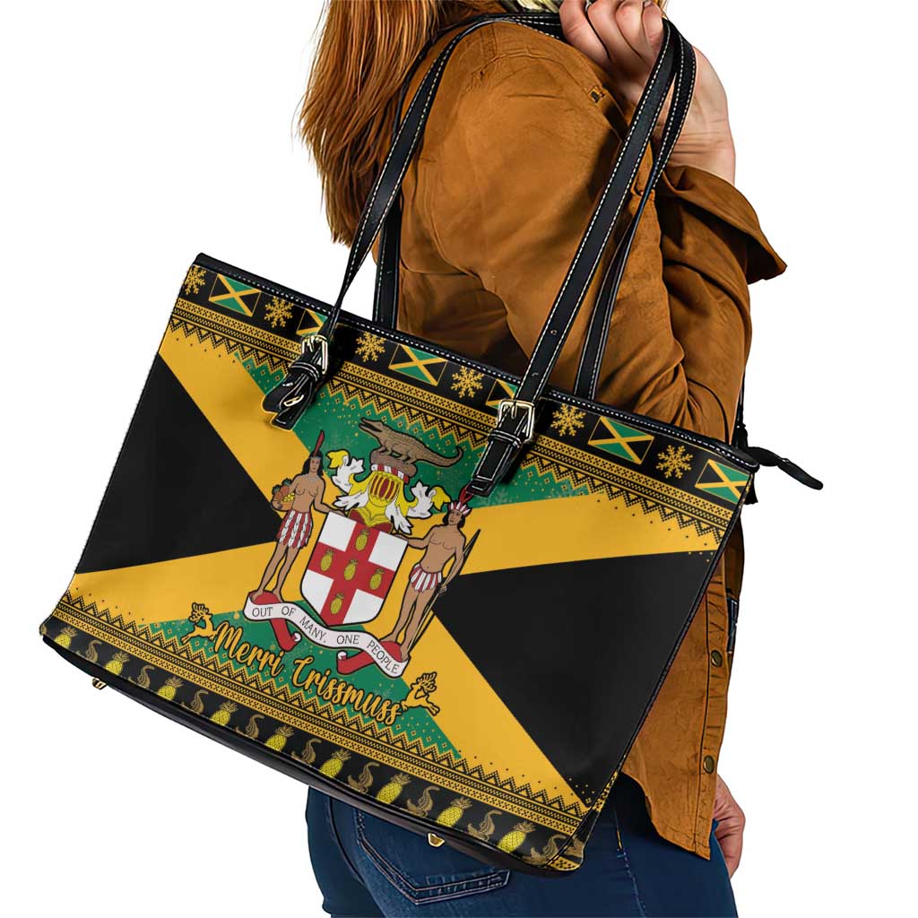 Jamaica Christmas Leather Tote Bag Coat Of Arms Merri Crissmuss - Wonder Print Shop