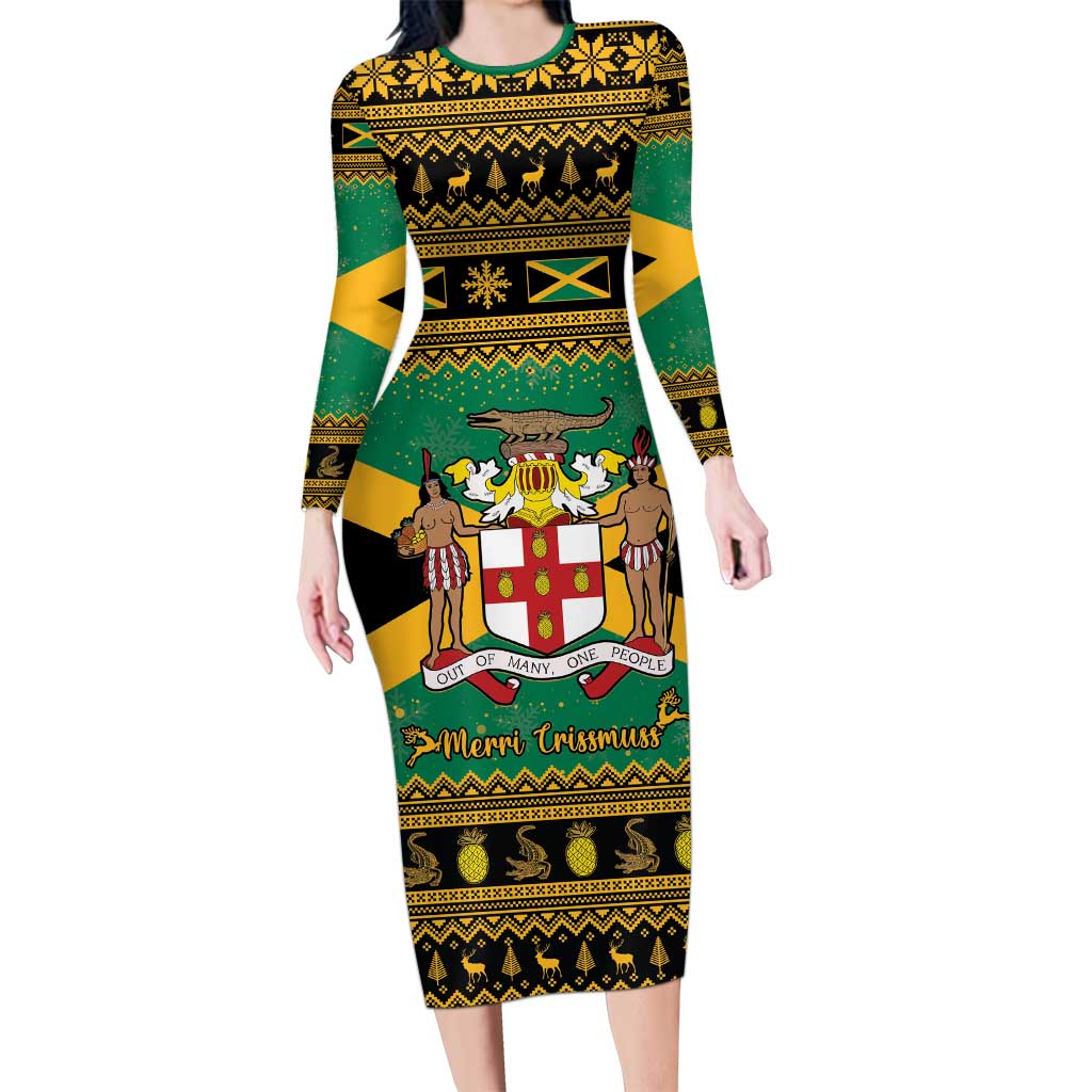 Jamaica Christmas Long Sleeve Bodycon Dress Coat Of Arms Merri Crissmuss - Wonder Print Shop