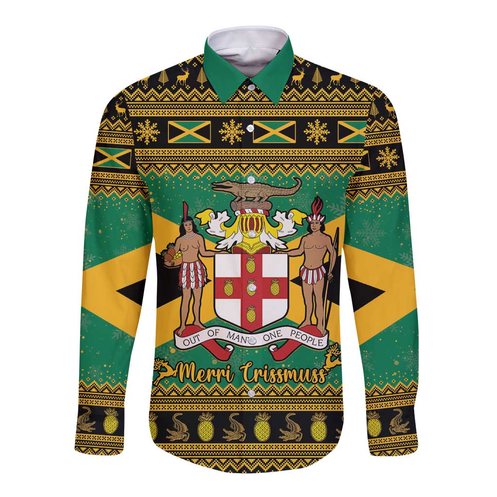 Jamaica Christmas Long Sleeve Button Shirt Coat Of Arms Merri Crissmuss - Wonder Print Shop