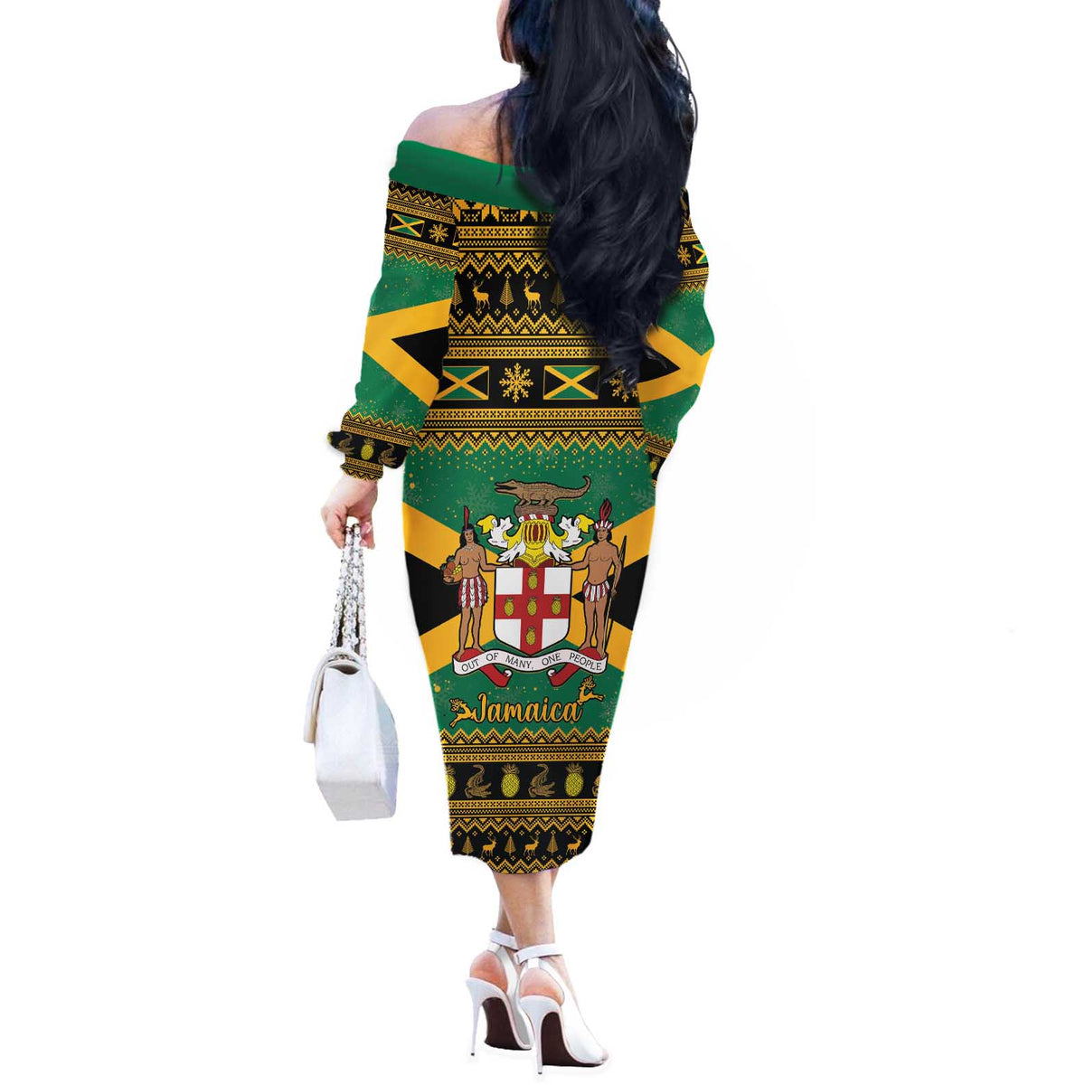 Jamaica Christmas Off The Shoulder Long Sleeve Dress Coat Of Arms Merri Crissmuss - Wonder Print Shop