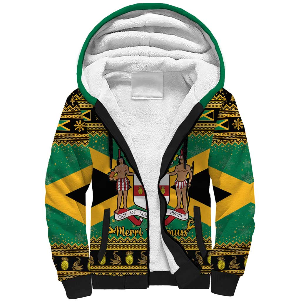 Jamaica Christmas Sherpa Hoodie Coat Of Arms Merri Crissmuss - Wonder Print Shop