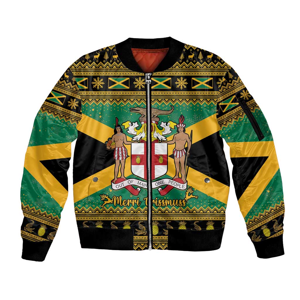 Jamaica Christmas Sleeve Zip Bomber Jacket Coat Of Arms Merri Crissmuss - Wonder Print Shop