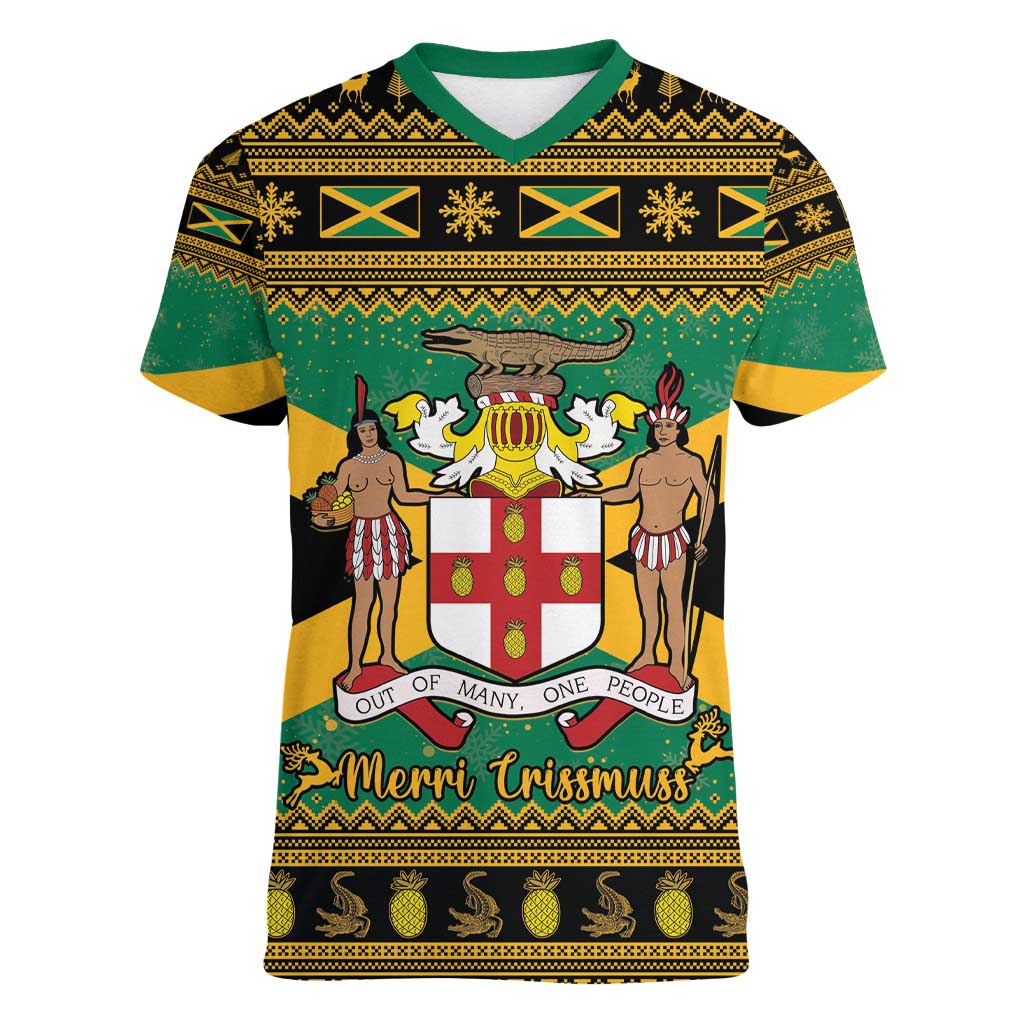 Jamaica Christmas Women V-Neck T-Shirt Coat Of Arms Merri Crissmuss - Wonder Print Shop