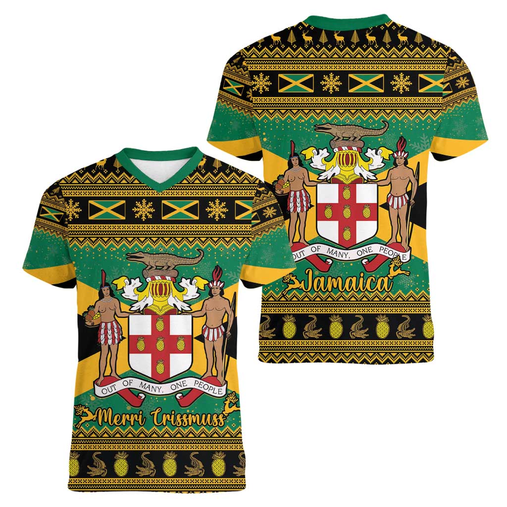 Jamaica Christmas Women V-Neck T-Shirt Coat Of Arms Merri Crissmuss - Wonder Print Shop