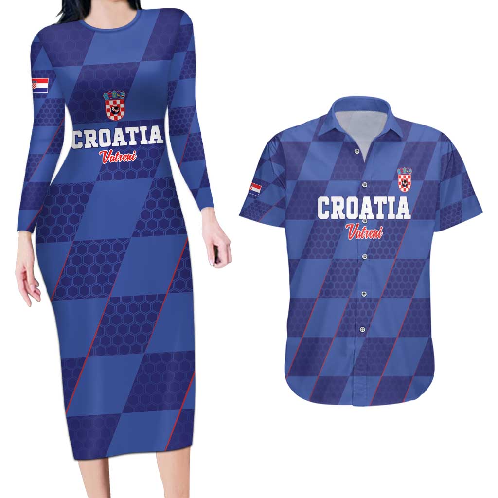 Custom Croatia Football Couples Matching Long Sleeve Bodycon Dress and Hawaiian Shirt Come On Vatreni - Wonder Print Shop