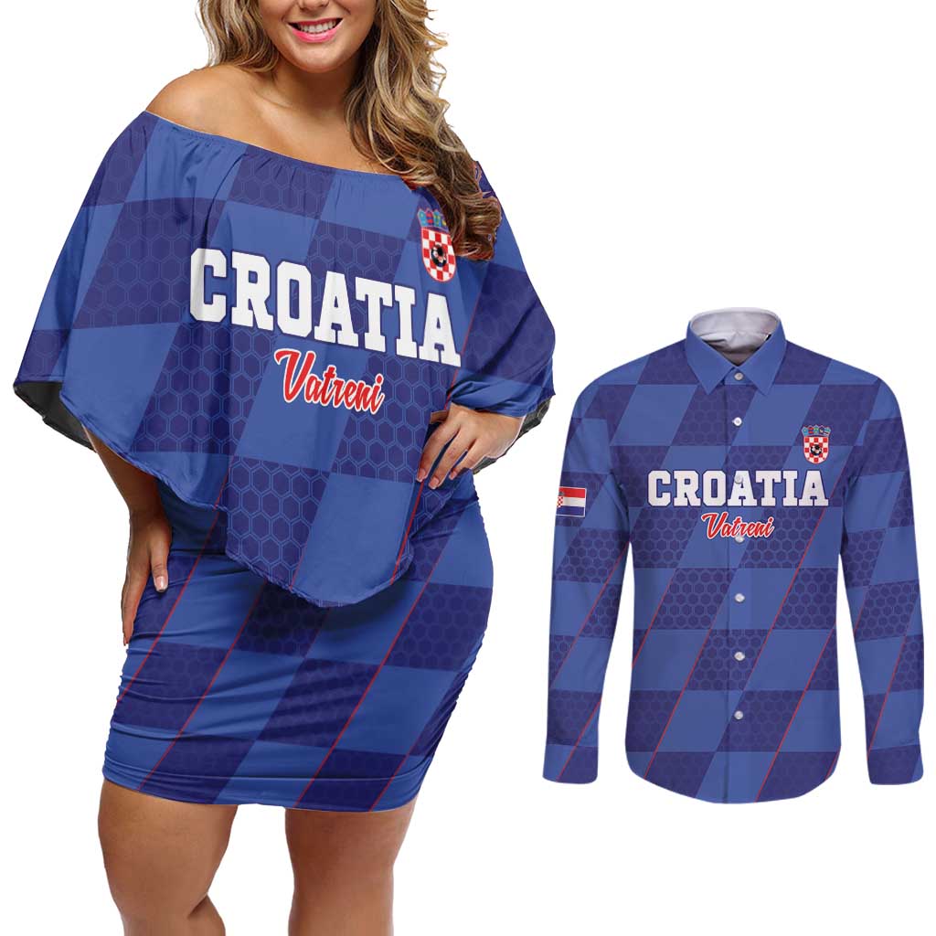 Custom Croatia Football Couples Matching Off Shoulder Short Dress and Long Sleeve Button Shirt Come On Vatreni - Wonder Print Shop