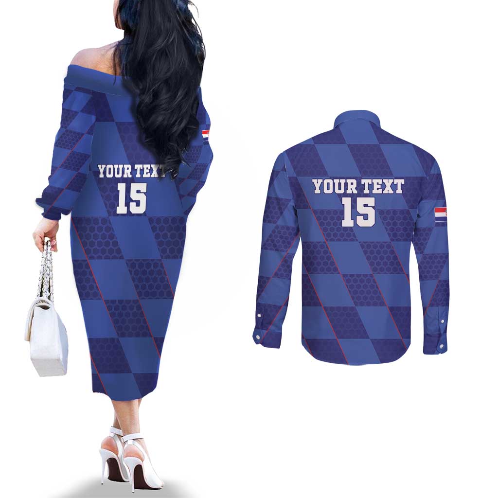 Custom Croatia Football Couples Matching Off The Shoulder Long Sleeve Dress and Long Sleeve Button Shirt Come On Vatreni - Wonder Print Shop