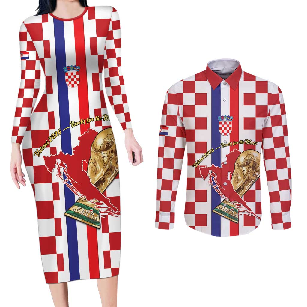 Custom Croatia Football Couples Matching Long Sleeve Bodycon Dress and Long Sleeve Button Shirt Vatreni 2026 Ready For The World - Wonder Print Shop