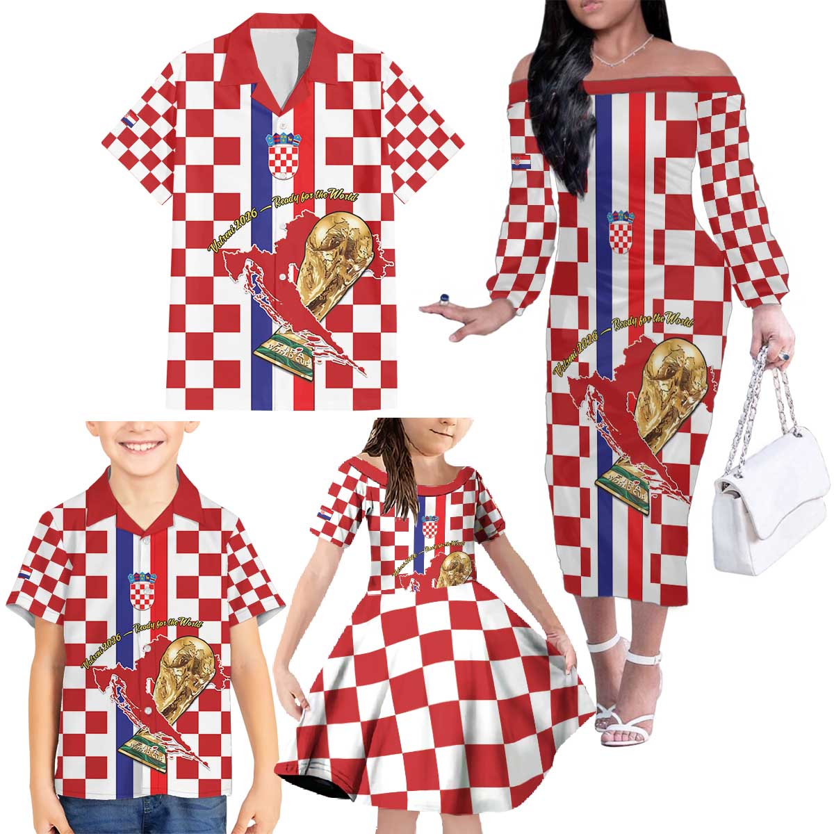Custom Croatia Football Family Matching Off The Shoulder Long Sleeve Dress and Hawaiian Shirt Vatreni 2026 Ready For The World - Wonder Print Shop