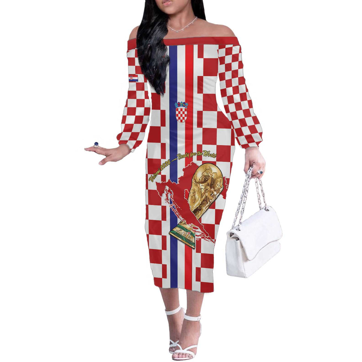 Custom Croatia Football Off The Shoulder Long Sleeve Dress Vatreni 2026 Ready For The World - Wonder Print Shop