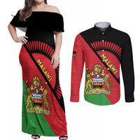 Personalised Malawi Couples Matching Off Shoulder Maxi Dress and Long Sleeve Button Shirt Coat Of Arms - Flag Style