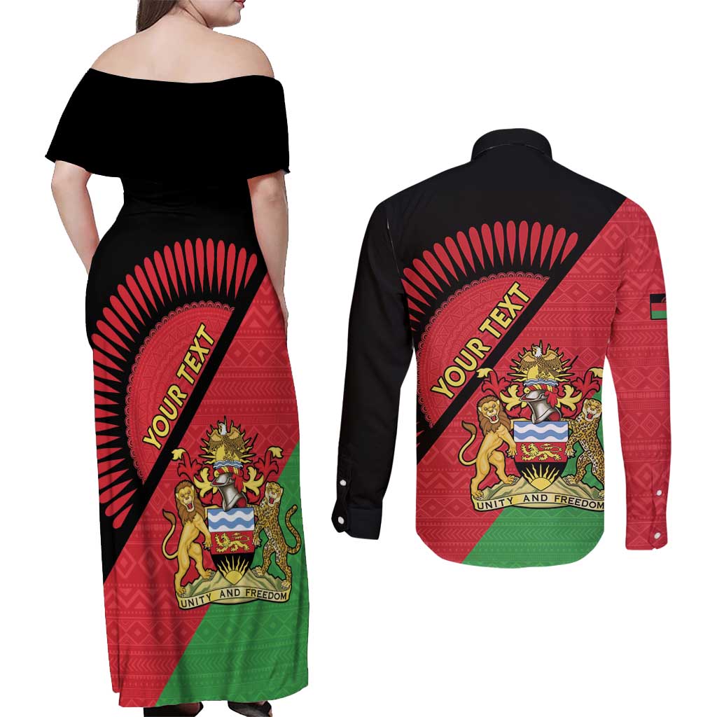 Personalised Malawi Couples Matching Off Shoulder Maxi Dress and Long Sleeve Button Shirt Coat Of Arms - Flag Style