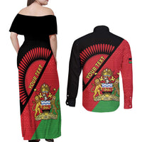 Personalised Malawi Couples Matching Off Shoulder Maxi Dress and Long Sleeve Button Shirt Coat Of Arms - Flag Style