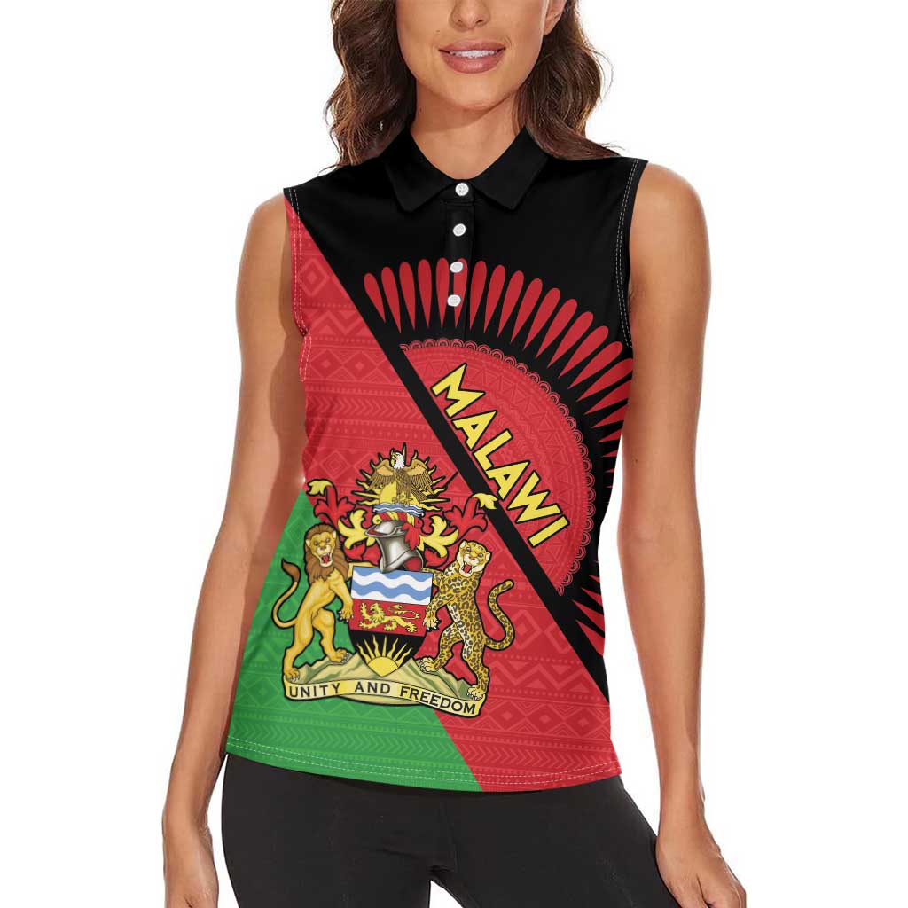 Personalised Malawi Women Sleeveless Polo Shirt Coat Of Arms - Flag Style - Wonder Print Shop