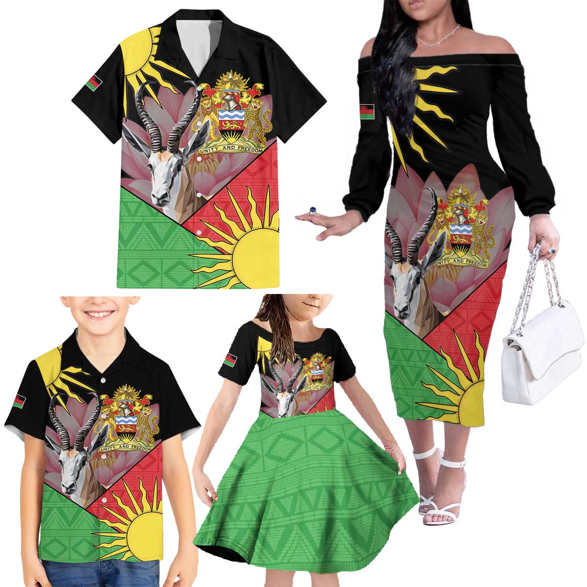 Personalised Malawi Thomsons Gazelle Family Matching Off The Shoulder Long Sleeve Dress and Hawaiian Shirt Lotus - African Pattern
