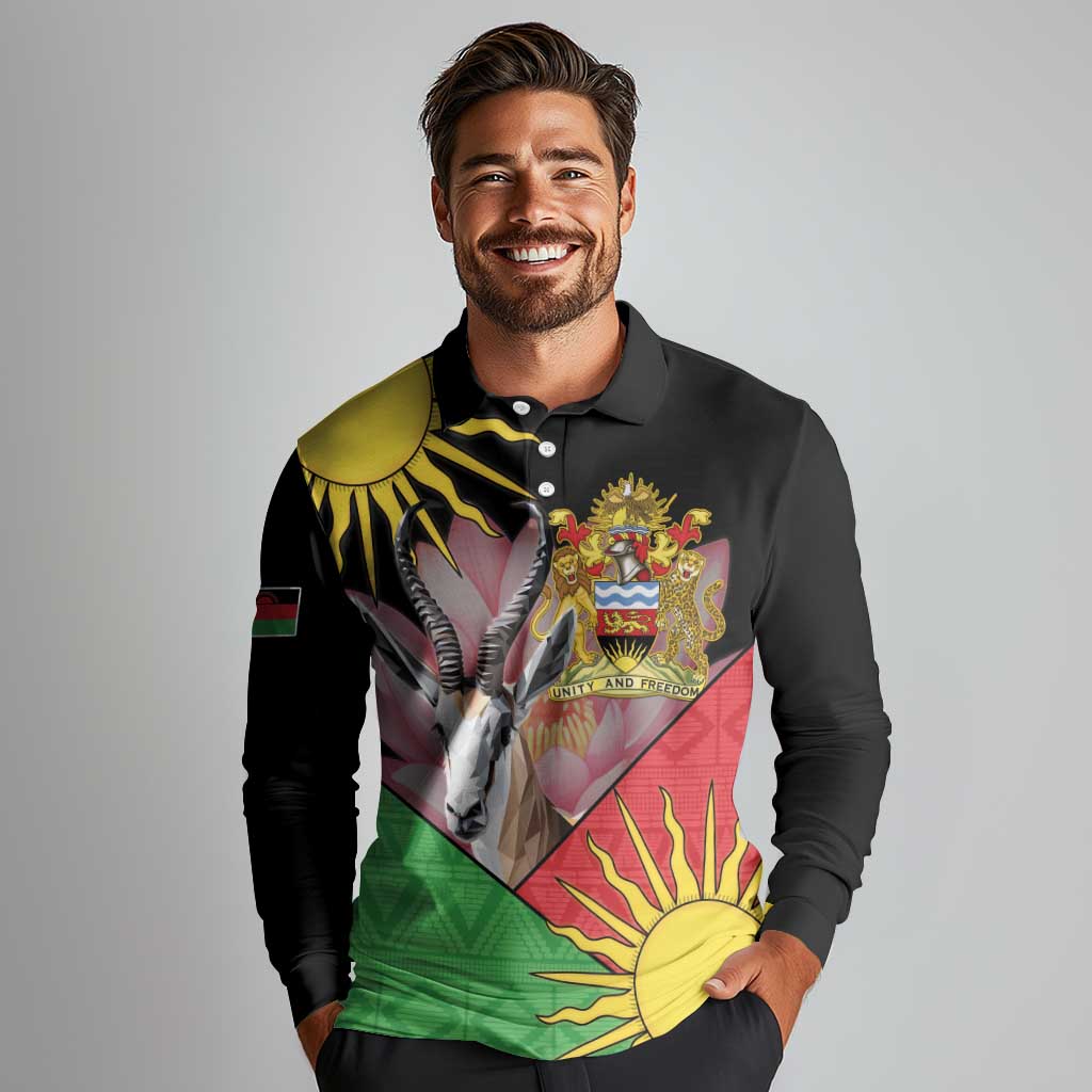 Personalised Malawi Thomsons Gazelle Long Sleeve Polo Shirt Lotus - African Pattern - Wonder Print Shop