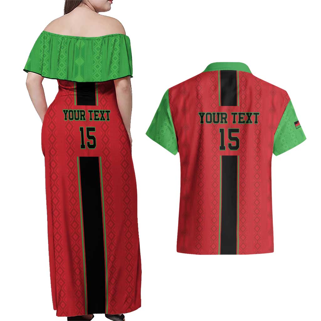 Custom Malawi Football Couples Matching Off Shoulder Maxi Dress and Hawaiian Shirt Go Flames
