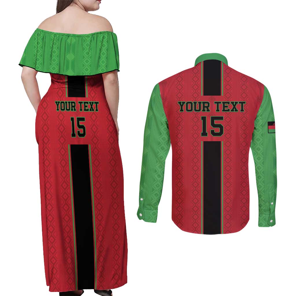 Custom Malawi Football Couples Matching Off Shoulder Maxi Dress and Long Sleeve Button Shirt Go Flames