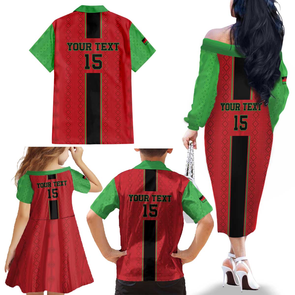 Custom Malawi Football Family Matching Off The Shoulder Long Sleeve Dress and Hawaiian Shirt Go Flames
