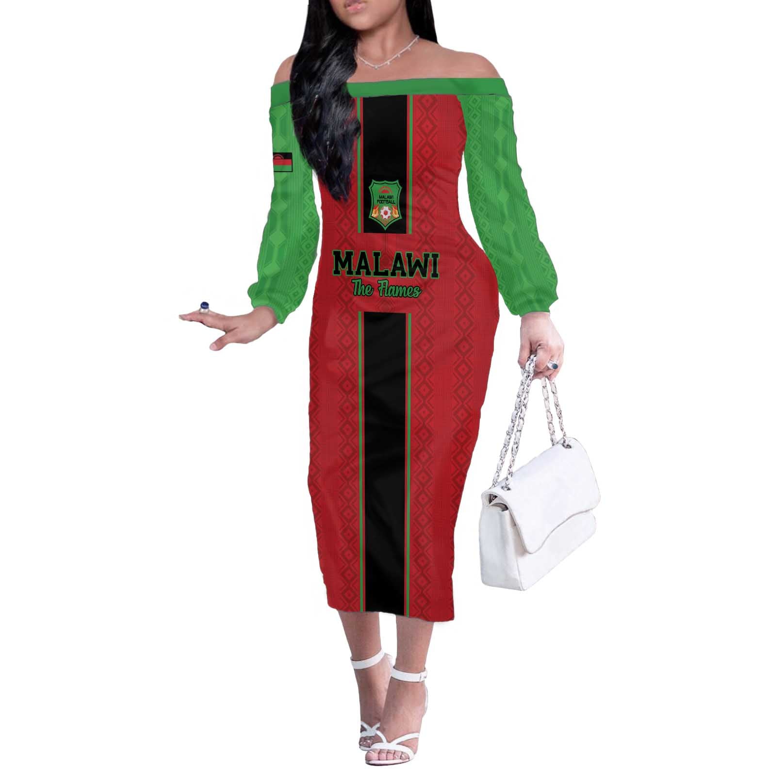Custom Malawi Football Off The Shoulder Long Sleeve Dress Go Flames - Wonder Print Shop