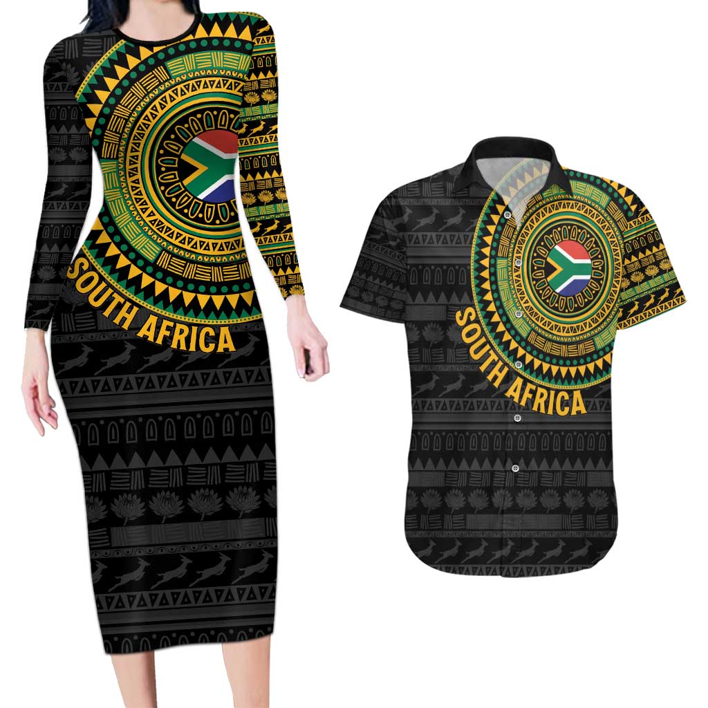 Personalised South Africa Couples Matching Long Sleeve Bodycon Dress and Hawaiian Shirt African Tribal Pattern