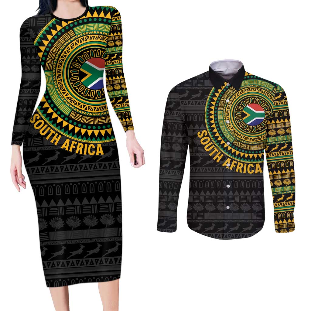 Personalised South Africa Couples Matching Long Sleeve Bodycon Dress and Long Sleeve Button Shirt African Tribal Pattern