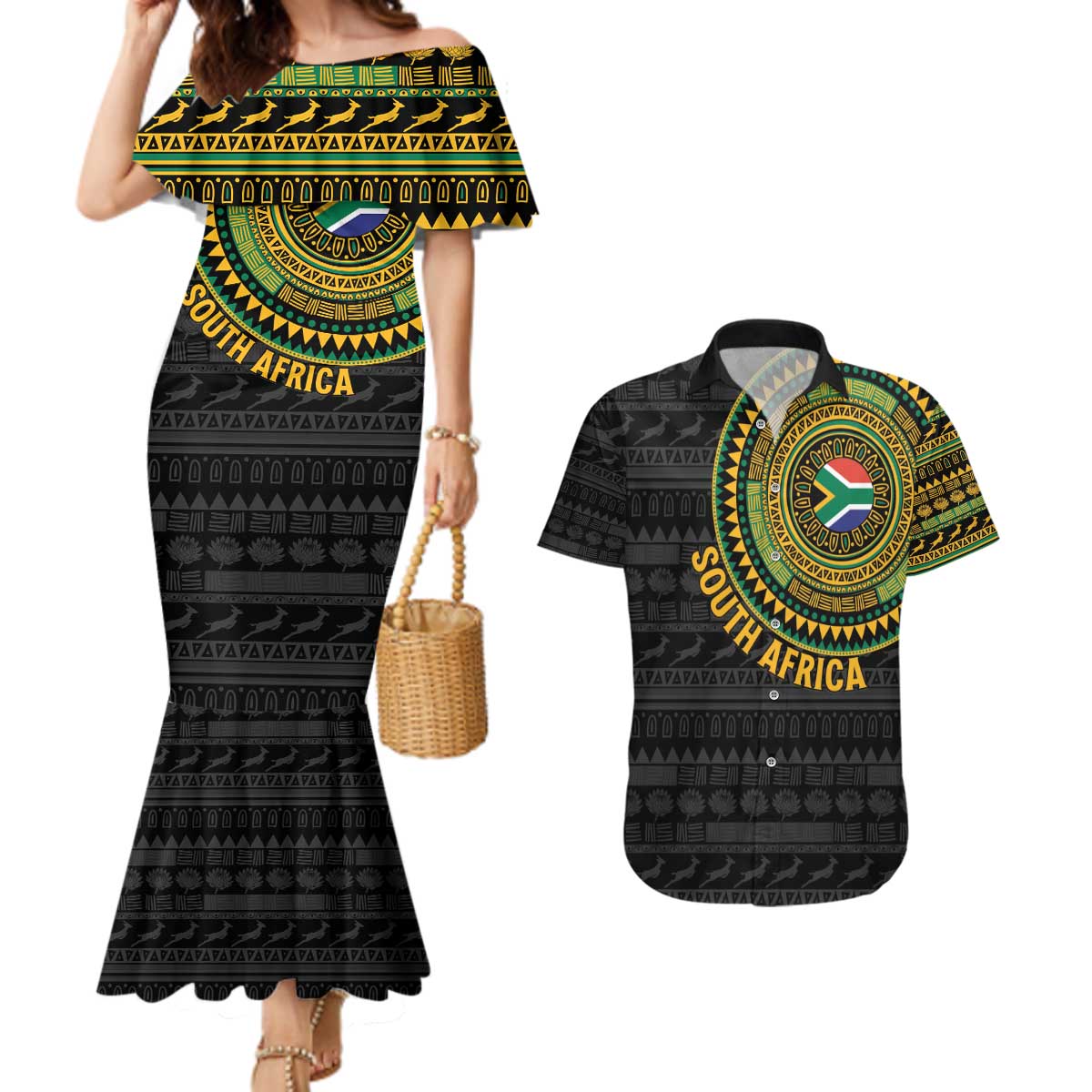 Personalised South Africa Couples Matching Mermaid Dress and Hawaiian Shirt African Tribal Pattern