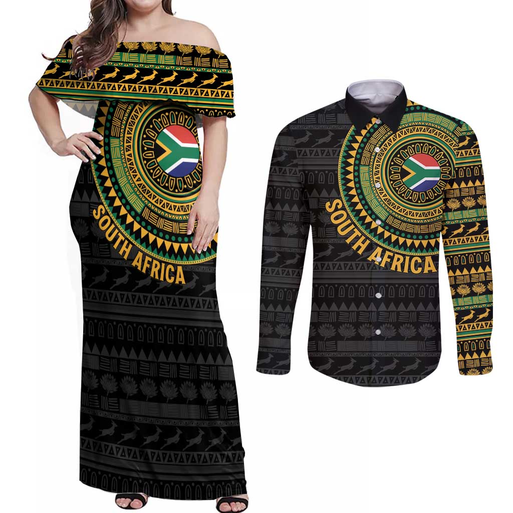 Personalised South Africa Couples Matching Off Shoulder Maxi Dress and Long Sleeve Button Shirt African Tribal Pattern