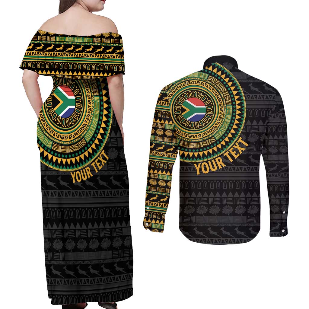 Personalised South Africa Couples Matching Off Shoulder Maxi Dress and Long Sleeve Button Shirt African Tribal Pattern