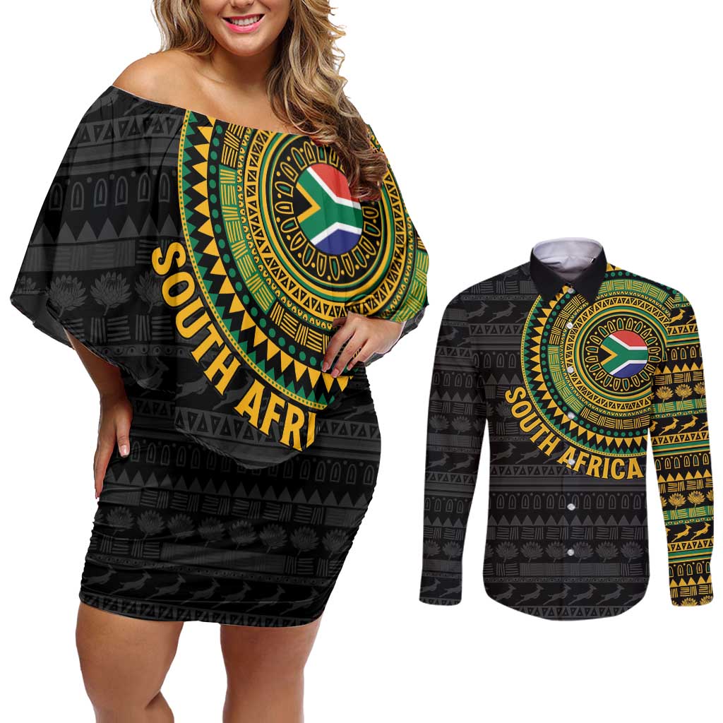Personalised South Africa Couples Matching Off Shoulder Short Dress and Long Sleeve Button Shirt African Tribal Pattern