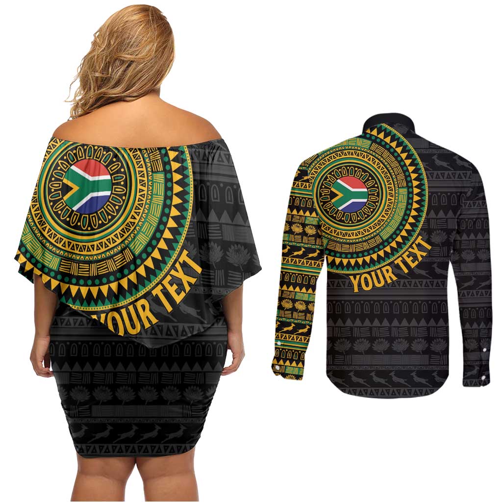 Personalised South Africa Couples Matching Off Shoulder Short Dress and Long Sleeve Button Shirt African Tribal Pattern