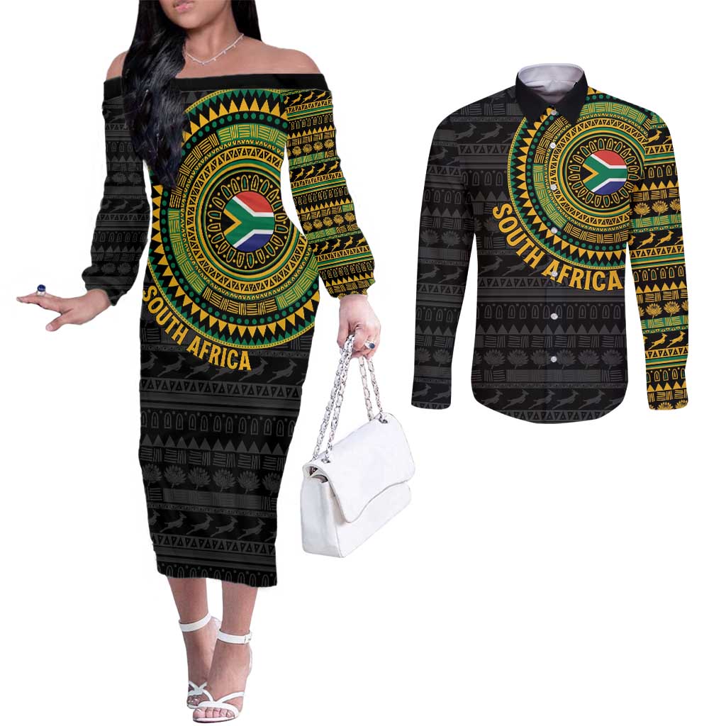 Personalised South Africa Couples Matching Off The Shoulder Long Sleeve Dress and Long Sleeve Button Shirt African Tribal Pattern