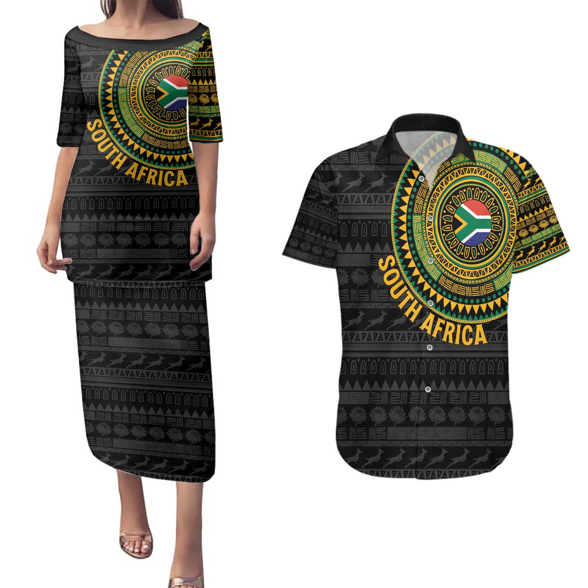 Personalised South Africa Couples Matching Puletasi and Hawaiian Shirt African Tribal Pattern