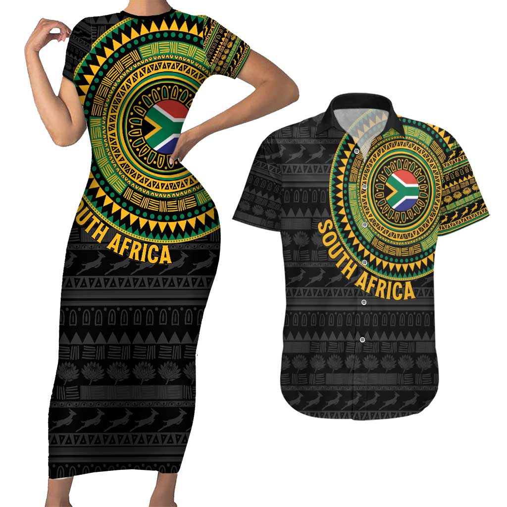 Personalised South Africa Couples Matching Short Sleeve Bodycon Dress and Hawaiian Shirt African Tribal Pattern