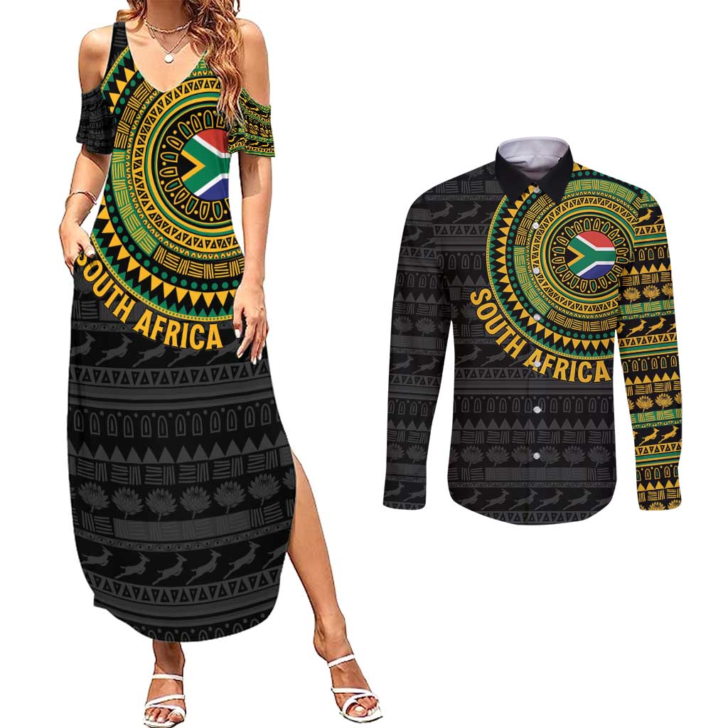 Personalised South Africa Couples Matching Summer Maxi Dress and Long Sleeve Button Shirt African Tribal Pattern