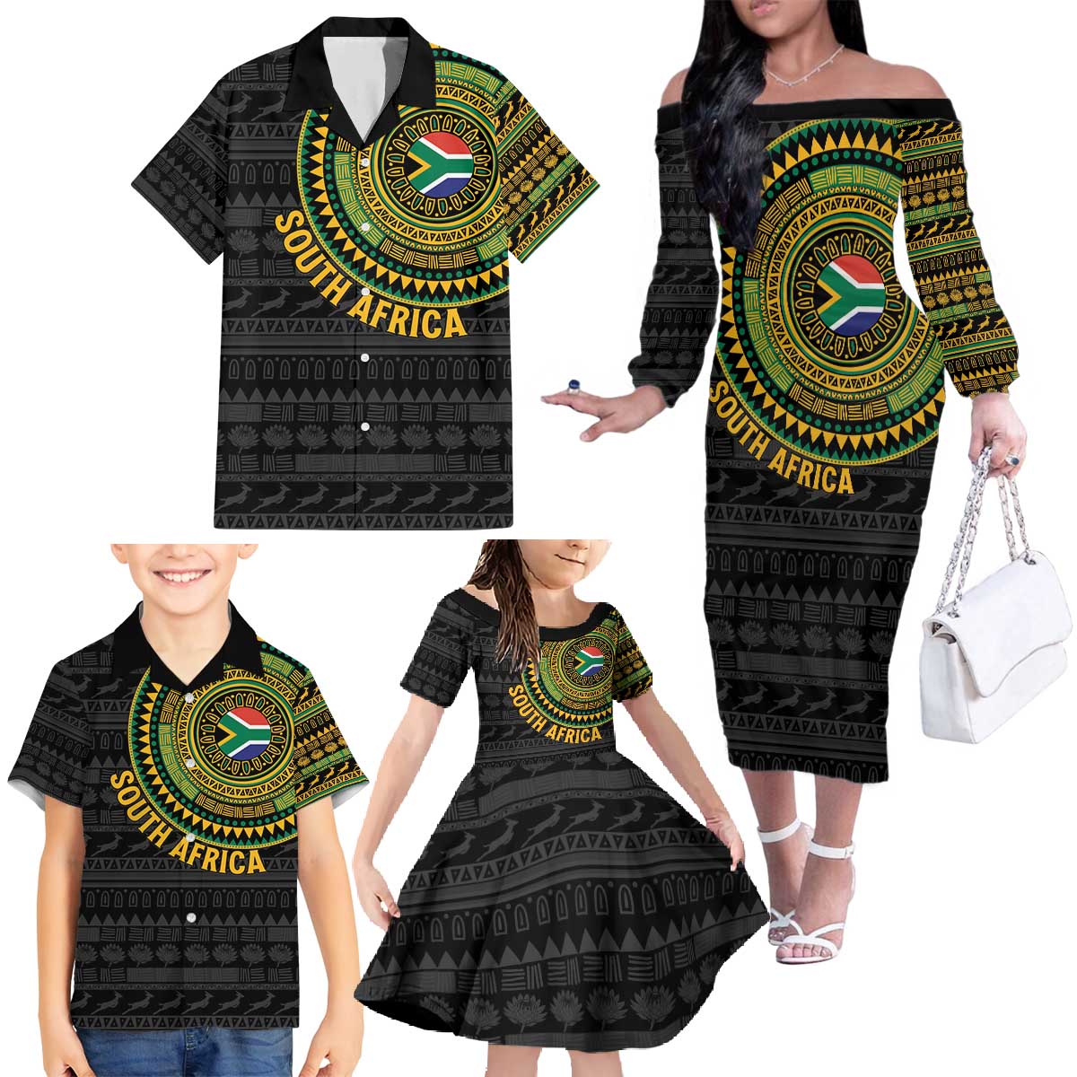 Personalised South Africa Family Matching Off The Shoulder Long Sleeve Dress and Hawaiian Shirt African Tribal Pattern