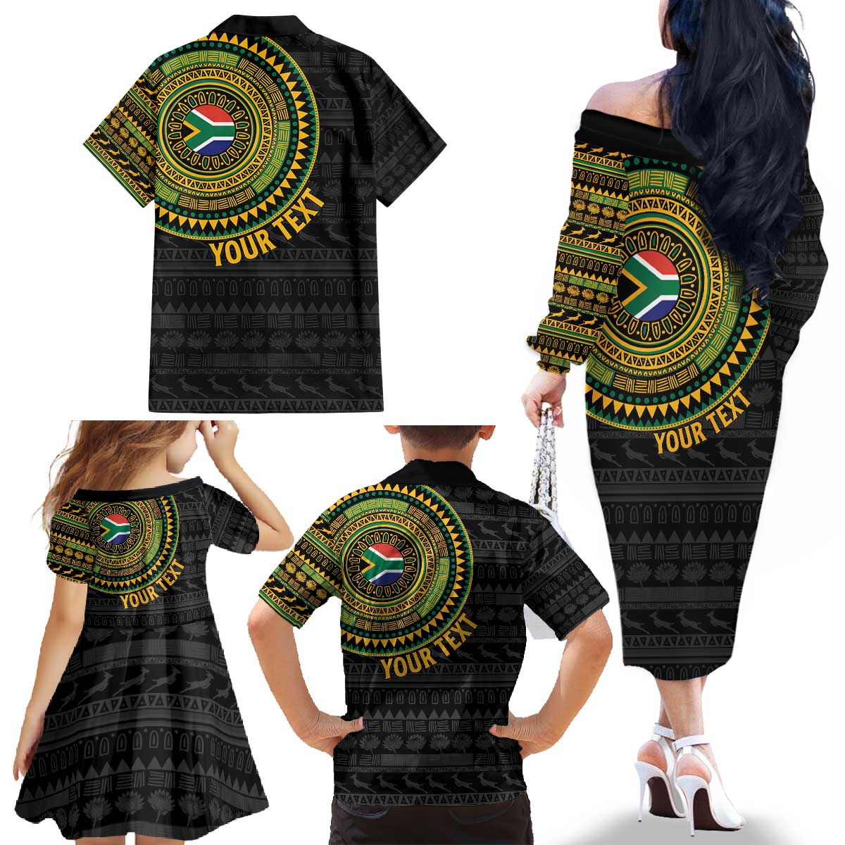 Personalised South Africa Family Matching Off The Shoulder Long Sleeve Dress and Hawaiian Shirt African Tribal Pattern