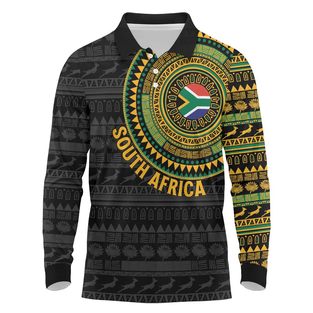 Personalised South Africa Long Sleeve Polo Shirt African Tribal Pattern