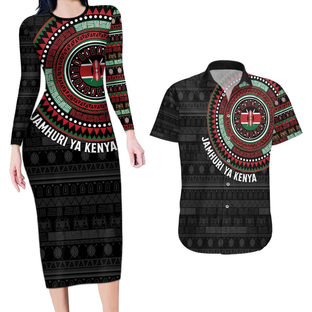 Personalised Kenya Couples Matching Long Sleeve Bodycon Dress and Hawaiian Shirt African Tribal Pattern