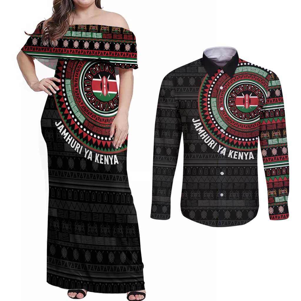 Personalised Kenya Couples Matching Off Shoulder Maxi Dress and Long Sleeve Button Shirt African Tribal Pattern